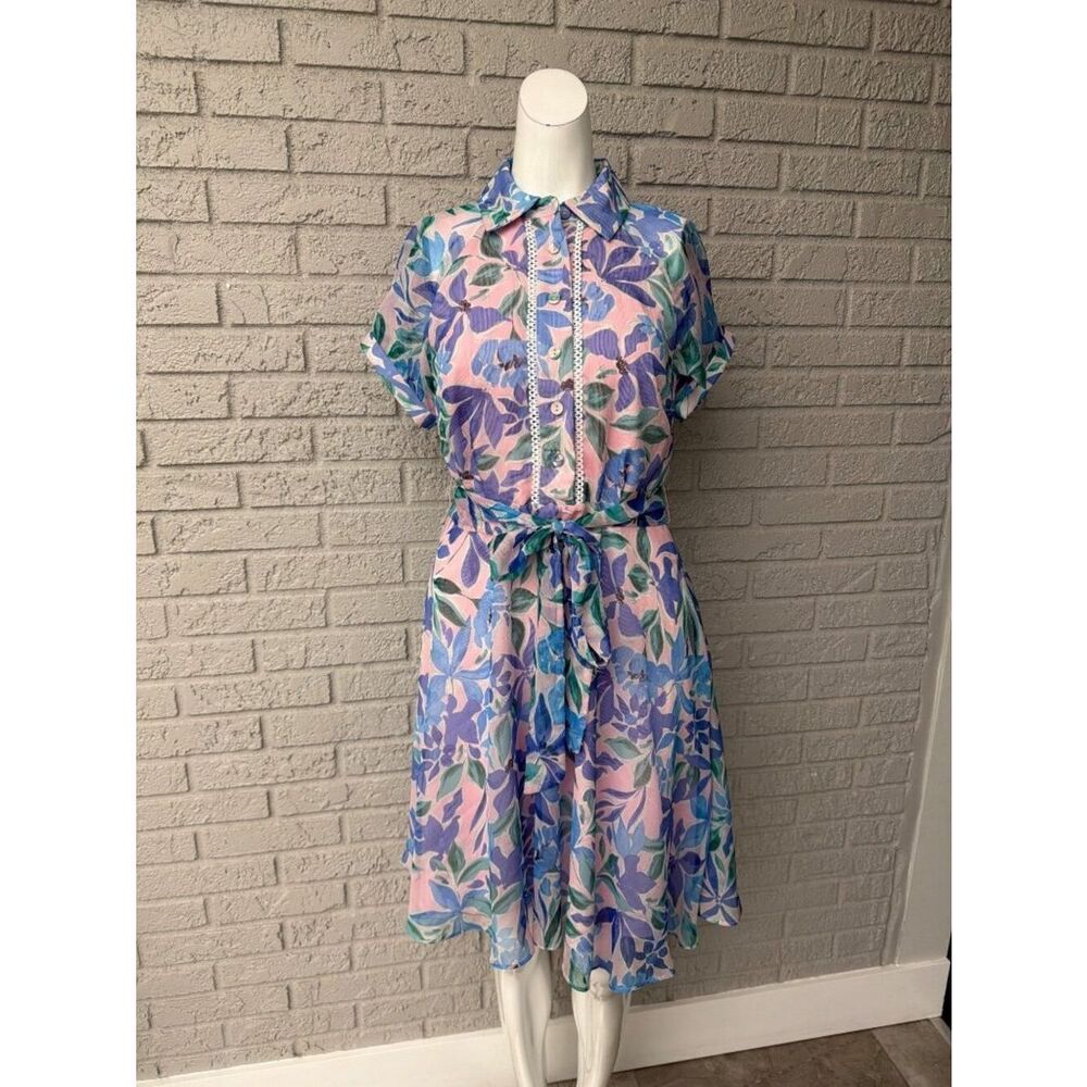 Tahari ASL Women’s Shadow-Stripe Floral Print Belted Dress Size 4 - Picture 2 of 13